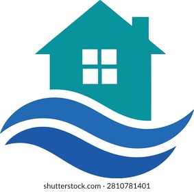 Modern coastal home logo featuring a teal house, white window, and flowing blue ocean waves. Perfect for beach properties, vacation rentals, coastal real estate, resorts, water services, and seaside businesses.