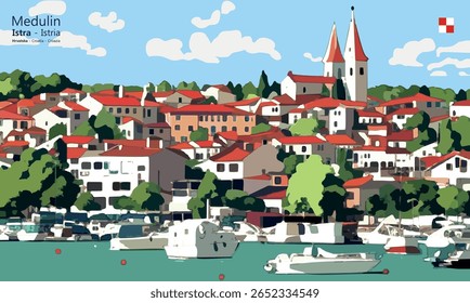 Vista costeira moderna de Medulin, Ístria, Croácia, vista do mar. Apresenta barcos, telhados e igreja de duas torres, ideal para uso gráfico em vestuário, lembranças e design visual.