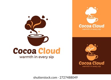Logotipo moderno de cacao con una taza de café con salpicaduras en forma de nube. Perfecto para marcas de chocolate, cacao caliente, logotipos de café, marca de bebidas, diseño de empaques y conceptos de bebidas calientes.