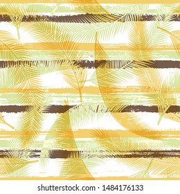 Modern coconut palm leaves tree branches overlapping stripes vector seamless pattern. Madagascar forest foliage summer fashion print. Stripes and tropical leaves illustration.