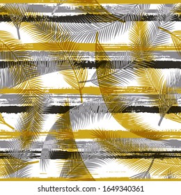 Modern coconut palm leaves tree branches overlaying stripes vector seamless pattern. Hawaiian exotic foliage clothing fabric print. Tropical leaves silhouettes wallpaper.