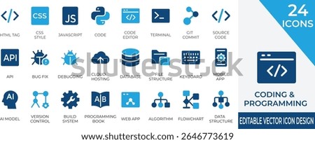 Modern coding icons featuring HTML, JavaScript, debugging tools, and development essentials. Perfect for projects, developer portfolios, apps, and educational content.