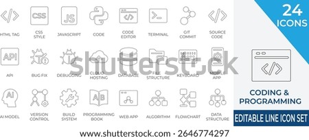 Modern coding line icons featuring HTML, JavaScript, debugging tools, and development essentials. Perfect for UI projects, developer portfolios, apps, and educational content.