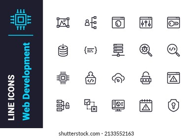 Modern coding and web development icons set vector illustration. Create interface and website line icon. Programming and technology concept