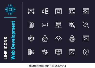 Modern coding and web development icons set vector illustration. Create interface and website line icon. Programming and technology concept