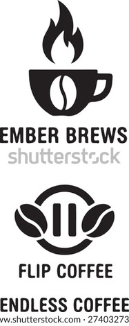 Modern Coffee Brand Logos Collection Three Distinct Designs for Coffee Roasters and Shops, Featuring Symbolic Beans, Cups, and Flames, Including Ember Brews, Flip Coffee, and Endless Coffee