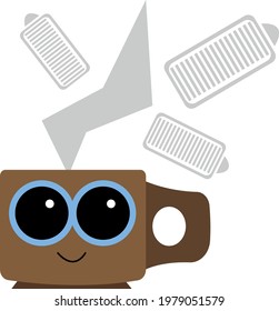 modern coffee cup cute cartoon character with big blue eyes and a smile above him gray steam in the shape of a lightning bolt and charged batteries