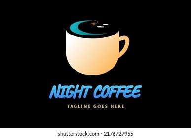 Modern Coffee Cup Mug with Night Crescent Moon and Star Cloud for Bar Cafe Restaurant Logo Design Vector