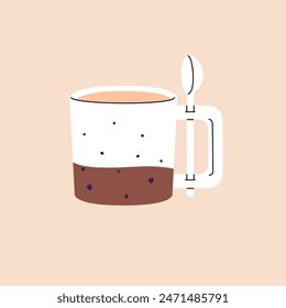 Modern coffee cup with spots pattern. Design of spotted teacup with holder for spoon in handle. Colored ceramic mug for tea, hot drinks, cocoa. Decorated tableware. Flat isolated vector illustration