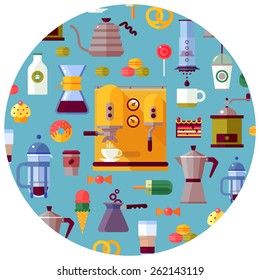 Modern coffee flat icons set for coffee shop with french press, aeropress, chemex. Round card with design elements. Vector isolated illustration