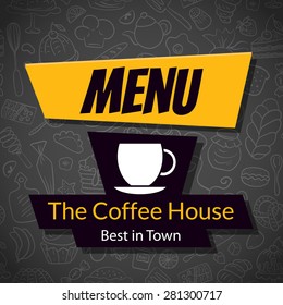 Modern Coffee House or Cafe Menu Card Design template. Dark vector background with hand drawn pattern