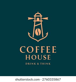 Modern coffee house logo with lighthouse, anchor, and a coffee bean integrated inside, creative cafeteria branding emblem on a teal background.