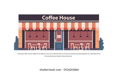 modern coffee house store empty no people city building facade front view horizontal copy space vector illustration