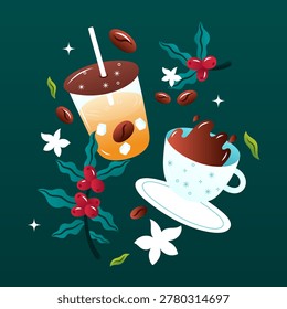 Modern Coffee with Iced Latte Hot Chocolate and Coffee Beans Flat Vector Illustration