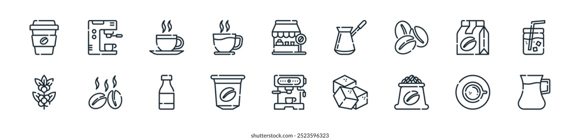 modern coffee icon pack. perfect for linear ui designs featuring vector jar, coffee cup, coffee bag, sugar cubes, hine, capsule, milk bottle and more icons for mobile and web apps.