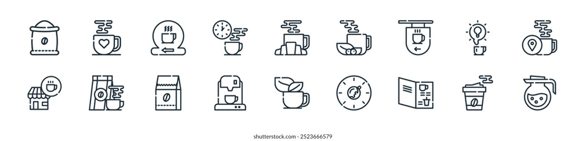 Perfecto para diseños de UI lineales que ofrecen café Vector, bebida caliente, menú, tiempo, hojas, café, paquete y más iconos para App móviles y de Web.