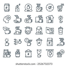 modern coffee icon pack. perfect for linear ui designs featuring vector shop, shop, time, beans, cup and more icons.