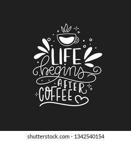 Modern coffee lettering typography. Life begins after coffee. Hand drawn lettering phrase. Modern motivating calligraphy decor. Scrapbooking or journaling card with quote.