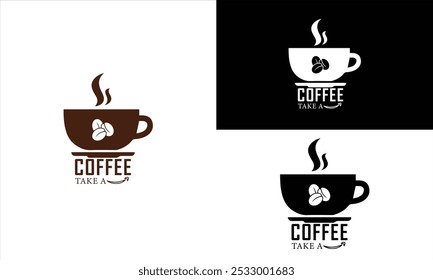 A modern coffee logo featuring beans in a steaming cup with “Take a Coffee” uniquely written at the bottom, symbolizing warmth and comfort for a cozy, inviting coffee shop.