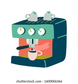 Modern coffee machine art, trendy flat handdrawn vector illustration of coffee maker, colorful simple cartoon style, isolated drawing, good as logo, icon, sticker for coffee shop or barista.