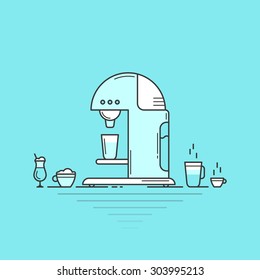 Modern coffee machine with different cups of coffee. Drink vector outline objects on a blue background