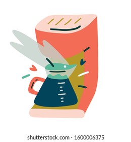 Modern coffee machine drawing, trendy flat hand drawn vector illustration of coffee maker brewing hot americano, colorful handdrawn style, isolated dart, good as logo, icon for coffee shop.