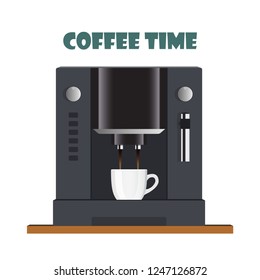 Modern coffee machine for home, restaurant, office or cafe. Coffee break concept illustration. Coffee machine pours freshly brewed coffee into a cup. Flat design, vector