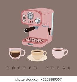 Moderne Kaffeemaschine im Retro-Stil mit drei Tassen Kaffee. Ausrüstung für die Zubereitung von Espressogetränken. Kaffeepause. Handgezeichnete Vektorgrafik einzeln auf braunem Hintergrund. Flacher Stil.