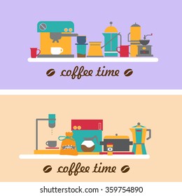 modern coffee machine set in flat design style