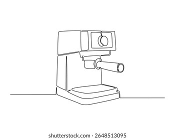 Modern coffee machine in single outline illustration. Continuous line art drawing of coffee machine for coffee shop.