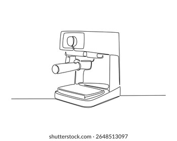 Modern coffee machine in single outline illustration. Continuous line art drawing of coffee machine for coffee shop.