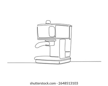 Modern coffee machine in single outline illustration. Continuous line art drawing of coffee machine for coffee shop.
