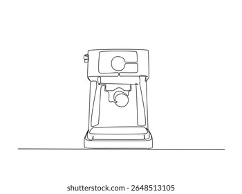 Modern coffee machine in single outline illustration. Continuous line art drawing of coffee machine for coffee shop.