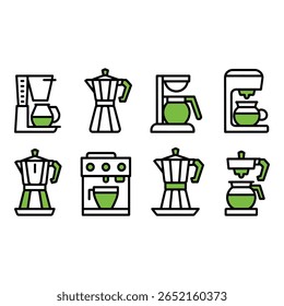 Modern Coffee Maker Icons Eight Stylish Line Art Illustrations of Brewing Methods Espresso Machine Pour Over and Moka Pots
