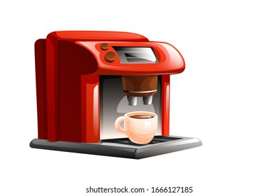 Modern coffee maker in red color with a fulfilled cup. Vector illustration isolated on white
