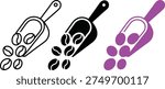 Modern coffee scoop icons with beans in trendy black and purple
