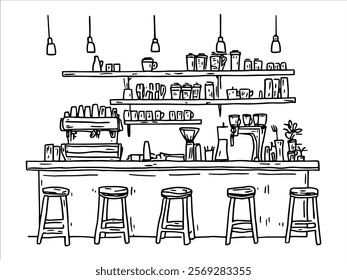 modern coffee shop counter with stools and shelves hand drawn doodle sketch