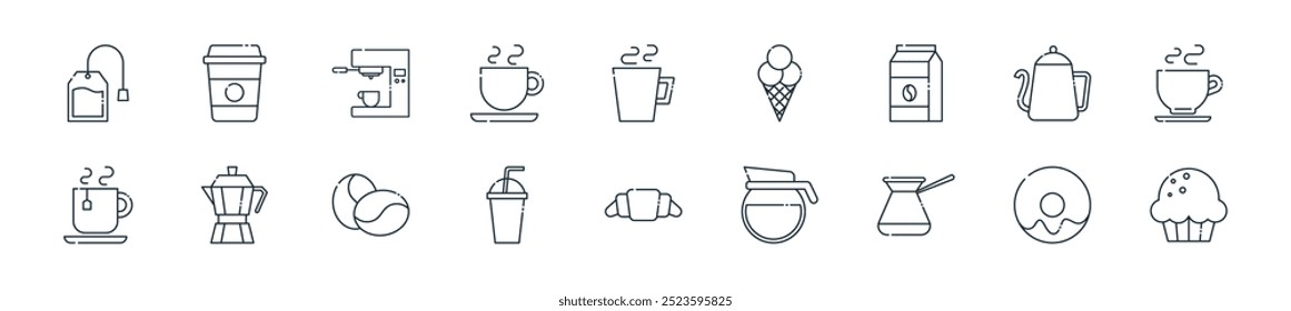 modern coffee shop icon pack. perfect for linear ui designs featuring vector cup cake, donut, cezve, coffee pot, croissant, soft drink, coffee beans and more icons for mobile and web apps.