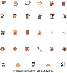 Modern Coffee Shop Icons Set – Minimalist Coffee Cup, Espresso Machine, French Press, Moka Pot, Grinder, Takeaway Cup, Cafe Equipment and Beverage Vector Collection