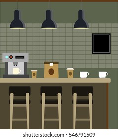 Modern coffee shop interior with bar stools, coffee cups, coffee making machine