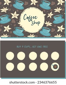 Modern Coffee Shop Loyalty Card with Mug, Cup Illustrations: Vector Template featuring Logo, Doodles, and Simple Design - Perfect for Cafes, Promotions, and Quirky Loyalty Programs