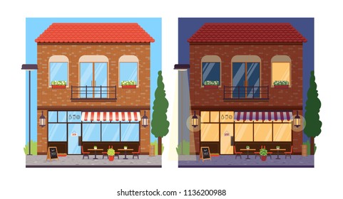 Modern coffee shop in an old building. Cafe exterior at day and night. Vector flat cartoon illustration.