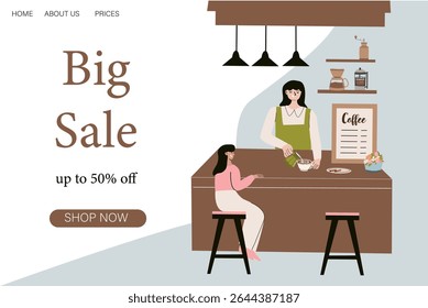 Promoção moderna do café com grande venda e oferta de desconto.