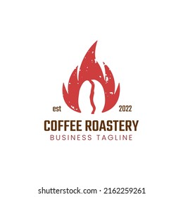 A modern coffee shop roastery logo with a touch of burning fire and coffee beans as a silhouette for your new business