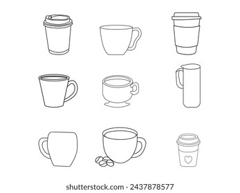 Iconos modernos de la línea de café y taza de té