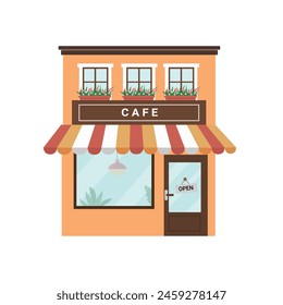 Exterior de café moderno. Acogedora fachada de cafetería. Lugar popular tradicional para reunirse, beber y comer. Ilustración vectorial de estilo plano aislado sobre fondo blanco.