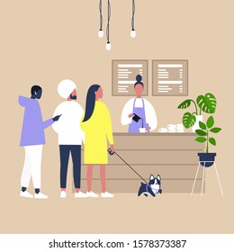 Modern Coffeeshop Scene, A Line Of Characters Waiting At The Counter, Lifestyle Illustration