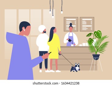 Modern coffeeshop scene, A line of characters waiting at the counter, lifestyle illustration