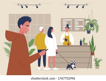 A Modern Coffeeshop Scene, A Line Of Characters Waiting At The Counter, Lifestyle Illustration, A Dog-friendly Coffee Place