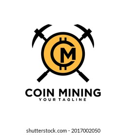 A modern coin mining logo design featuring the initials "CM" integrated with elements like digital coins, circuit patterns, or mining tools. Perfect for cryptocurrency companies, blockchain platforms,
